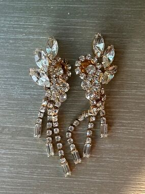 Rhinestone Dangle Statement clip on Earrings - Clear Crystal Gold Tone